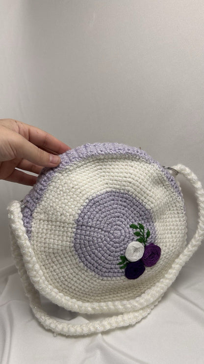 Mädchen Häkel Handgelenktasche Geldbörse weiß lila Colorblock Blumen Riemen Reißverschluss