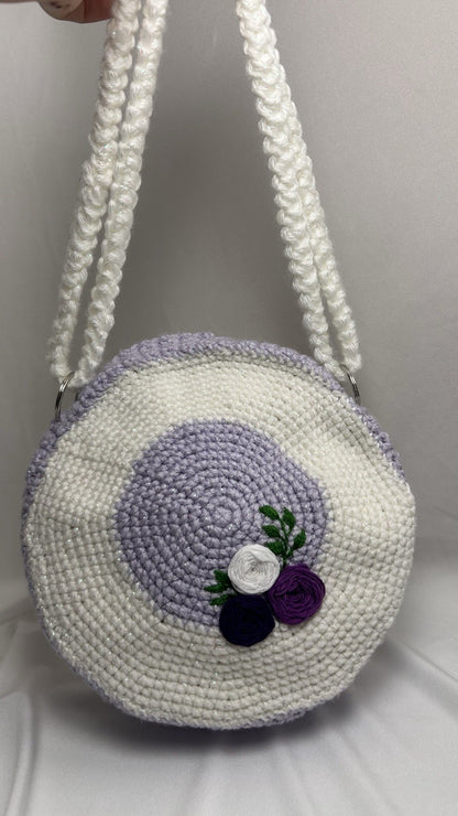 Mädchen Häkel Handgelenktasche Geldbörse weiß lila Colorblock Blumen Riemen Reißverschluss