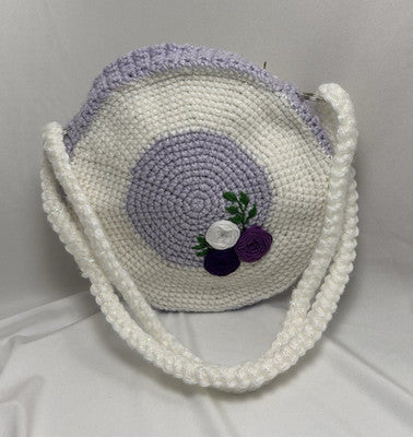 Mädchen Häkel Handgelenktasche Geldbörse weiß lila Colorblock Blumen Riemen Reißverschluss