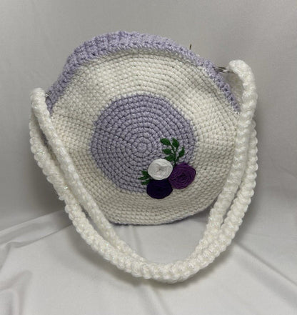 Mädchen Häkel Handgelenktasche Geldbörse weiß lila Colorblock Blumen Riemen Reißverschluss